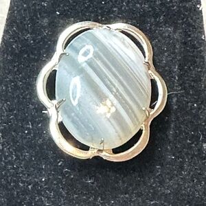 Silver Brooch, White Banded Agate Oval Stone in Silver Flower Frame, Vintage